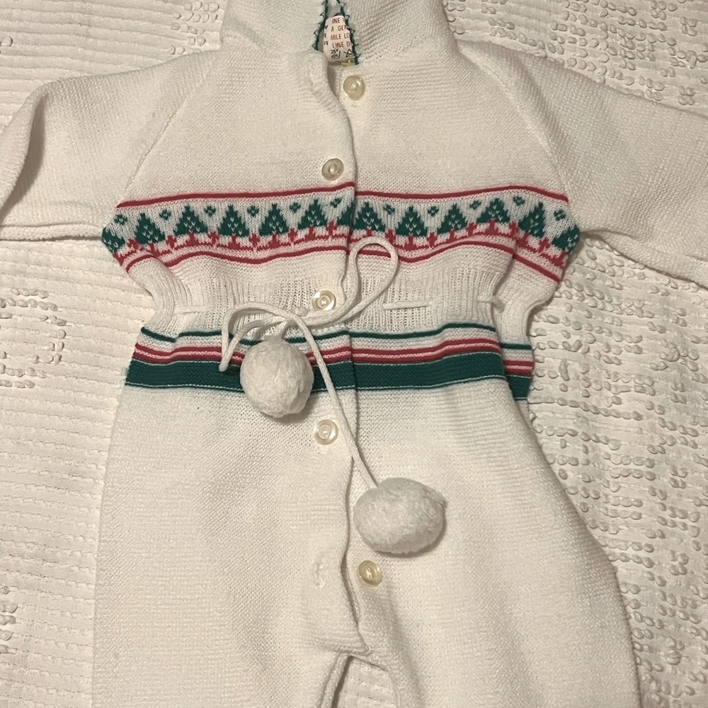 Vintage baby Christmas sweater material onesie size 0-3 months. Button up w/poms